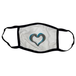 A cotton face mask featuring a black border and a heart design in shades of grey and blue.