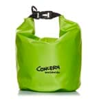 A bright green 5L dry bag with a buckle closure and a logo displayed on the side.