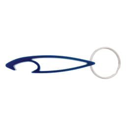 A drink bottle opener in blue with a keyring attachment, featuring a sleek, curved design.