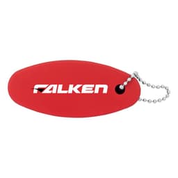 A red floating keychain with a rounded shape and a silver bead chain attachment, featuring a logo.