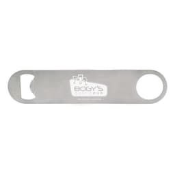 A drink bottle opener made of stainless steel featuring a circular hole and a bottle opener. It has a logo printed on it.