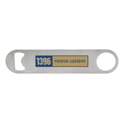 A drink bottle opener in silver, featuring a logo or branding on the handle.