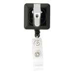 A rectangle badge holder in black and white with a retractable cord and a clip at the top for attachment.
