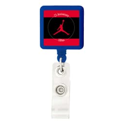 A rectangle badge holder in blue with a transparent clip, featuring a logo in red and black.