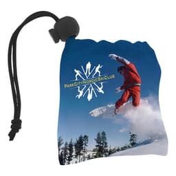 A microfibre pouch in blue with a ski-themed design and a drawstring closure, featuring a logo.