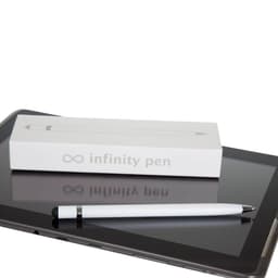 A metal pen in white lies next to a boxed product on a tablet surface. The box features a branding logo.