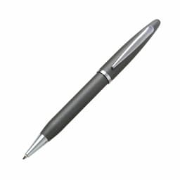 A metal pen in a sleek dark grey finish with a shiny clip and tip, featuring a branding logo.