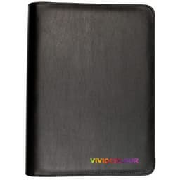 A black zippered compendium with a textured finish, featuring a logo in vivid colours at the bottom.
