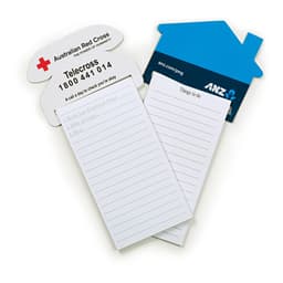 A magnetic rectangular to-do list pad in white with a blue house-shaped top and a logo.