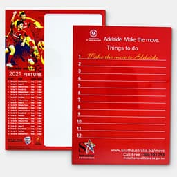 A red magnetic whiteboard with a blank section and a list titled "Things to do," featuring a logo.