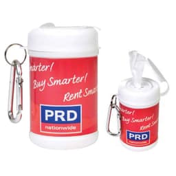 A white and red antibacterial wipes canister with a keychain attachment and a logo.