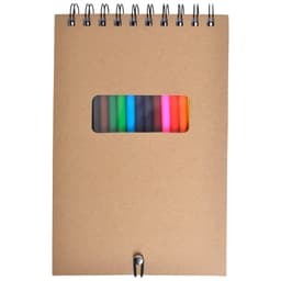 A spiral-bound notebook with a kraft cover revealing colourful markers through a rectangular window.