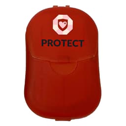 A red protective case featuring a logo on the front and a clasp closure.