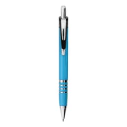 A blue metal pen with a shiny chrome clip and decorative bands. The pen features a sleek design.