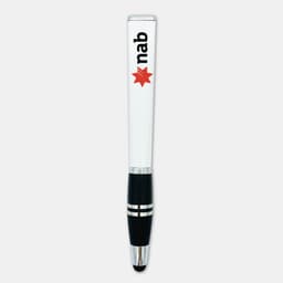 A white stylus pen with a black grip and an emblem on the side. It features a shiny silver top and accents.
