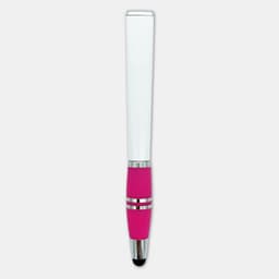 A stylus pen featuring a white upper section and a pink rubber grip, with silver accents and a branding logo.