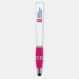 A stylus pen featuring a white barrel and a pink grip, adorned with a logo.