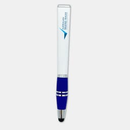 A stylus pen with a white body and blue rubber grip, featuring a branding logo near the top.