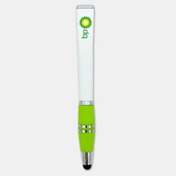 A sleek white and green stylus pen with a branding logo on the upper part.