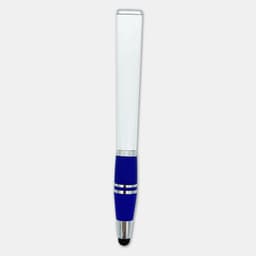 A stylus pen with a blue grip and silver accents, featuring a branding logo.