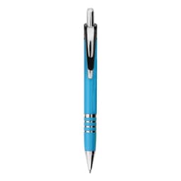 A metal pen in a bright blue hue, featuring a chrome clip and decorative silver rings. It has a branding logo.