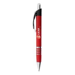 A metal pen in red with a chrome clip and rings, featuring a logo on the barrel.