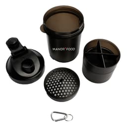A drink bottle in black, comprising a shaker cup, removable compartment, lid, and a carabiner.