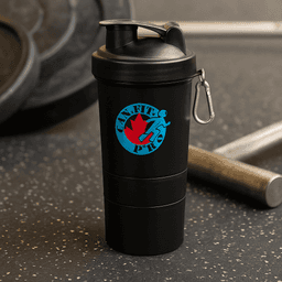 A drink bottle featuring a black shaker cup with a logo, equipped with a carabiner.