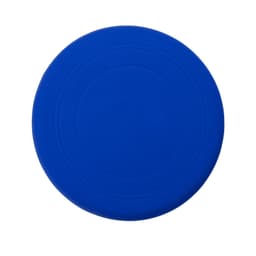 A blue silicone frisbee with a smooth surface and a circular shape, featuring a logo in the centre.