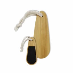 Bamboo paddle nail files in two sizes, featuring a smooth bamboo surface and a rope handle.