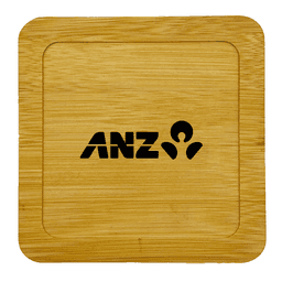 A bamboo coaster featuring a square design and a logo embossed in black.