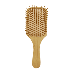 A bamboo hairbrush with a rectangular shape and wooden bristles, featuring a smooth handle.