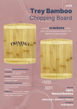 A bamboo chopping board with a natural finish, featuring a logo and information about its features and materials.