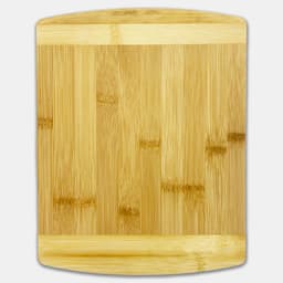 A bamboo cutting board with a smooth surface and rounded edges, featuring a natural wood colour.