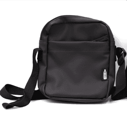 A black messenger bag with an adjustable strap and a zippered pocket. It features a small logo on the side.