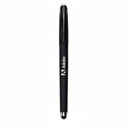 A black gel pen with a sleek design and a clip, featuring a logo.