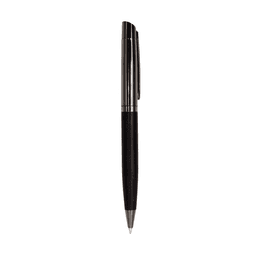 A black wooden and metal ballpoint pen, featuring a sleek design and a shiny clip, with a logo on the barrel.