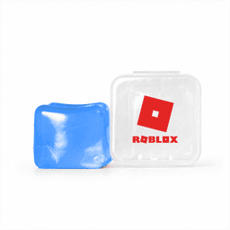 A blue jelly cube sensory toy inside a clear container with a red logo on the lid.