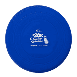 A blue silicon frisbee featuring a logo and promotional text in the centre.
