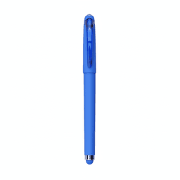 A blue fidget gel pen with a smooth finish and a click mechanism, featuring a logo on its body.