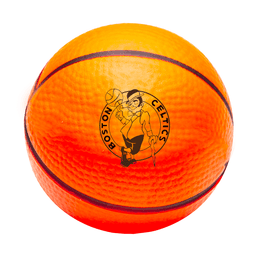 An orange and yellow basketball featuring a logo, designed as a stress ball for fun and games.
