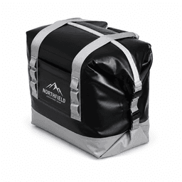 A black and grey 17L foldable cooler with adjustable straps and a logo on the side.