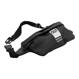 A black Boston Bag with an adjustable strap and a logo, featuring a sleek, minimalist design.