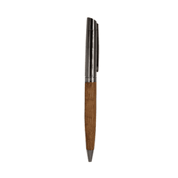 A wooden and metal ballpoint pen featuring a sleek silver tip and a rich brown wooden grip.
