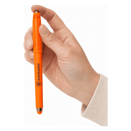 An orange Fidget Gel Pen held in a hand, featuring a logo on its side.