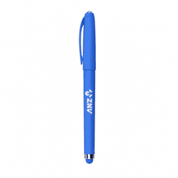 A blue fidget gel pen with a clip and a logo on its body, featuring a stylus tip at one end.