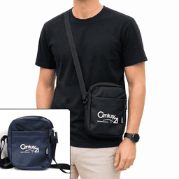 A black messenger bag with a shoulder strap and a small inset image of a navy messenger bag, both featuring a logo.