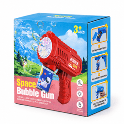 A red bubble gun with a blue handle, featuring a colourful box and instructions for use. Includes a logo.