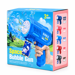 A blue bubble gun with ten holes for emitting bubbles, displayed in a colourful box featuring various colour options.