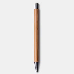 A bamboo pen with a black tip and a sleek design. It features a logo on the barrel.